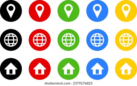 Set of Black Blue Red Green Yellow White World Globe Earth Web Map and Location Pointer Pin or You Are Here Marker and Home House Round Circle Sign Icon. Vector Image.