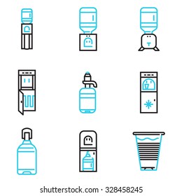 Set of black and blue simple line vector icons for water coolers business. Design elements for business and website.