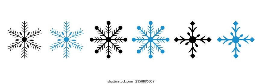 Establezca la colección de iconos de copos de nieve en negro y azul con fondo blanco.