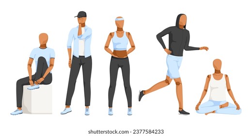 Set of black and blue sportswear on mannequin in various position. Collection of trousers, t-shirt, top, bag, sneaker. Fashion male and female cloth. Isolated on white background. Vector illustration