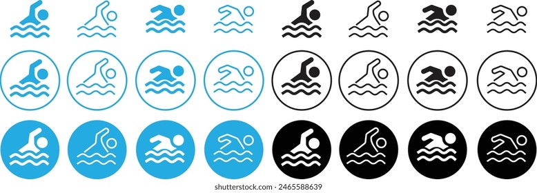 Set of black and blue Swimmer icons. Swim icons page symbols for your web site designs. Concept of swimming pool, summer competition and more in flat styles editable stock on transparent background.