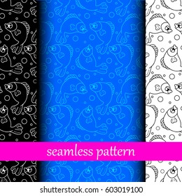 set of black, blue, white seamless pattern with fish. vector