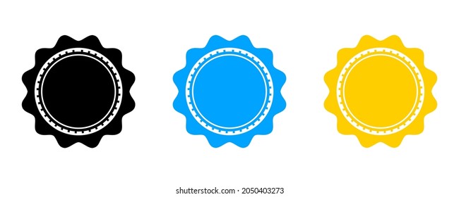 Set of black, blue and yellow round badge design element isolated on white background. Vector