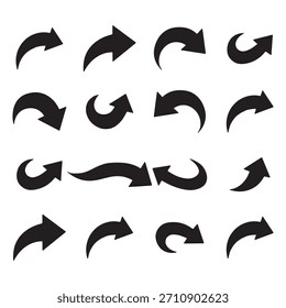 Un conjunto de diseños de iconos de flecha curvada en negro, en negrita con un fondo blanco aislado. Eps Ilustración vectorial iconos editables Signo y símbolo. Diseño de arte de flecha, 