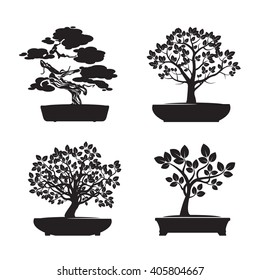 Set of Black Bonsai Trees. Vector Illustration.