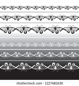 Set of black borders isolated on white, vector set for your design, set of butterflies.