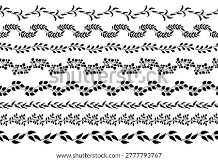 Set of black botanical border patterns on white background varying leafy vines, laurel motifs, and floral clusters. Vector illustration