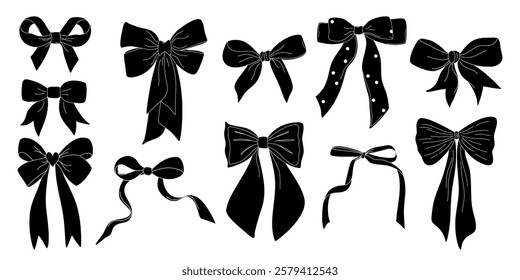 Set of black bow shadows. Cute minimalistic coquette bows collection. Classic ribbon elements for decoration and print. Hand drawn flat design black and white vector illustration.