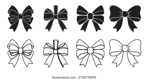 Conjunto de siluetas de lazo negro y regalo de la cinta de contornos