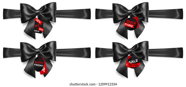 Set of black bows with horizontal ribbons, shadows and sale labels and tags on white background