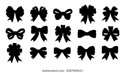 A set of black bows with a white background. The bows are all different sizes and shapes. Scene is elegant and sophisticated