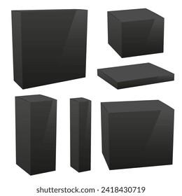 Set of black box mockup. Package mock up can be used for medicine and cosmetic. Vector 3D illustration isolated white background.