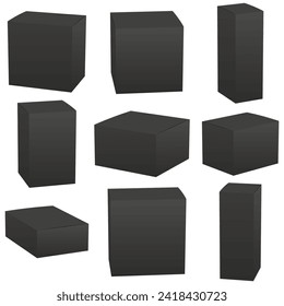 Set of black box mockup. Package mock up can be used for medicine and cosmetic. Vector 3D illustration isolated white background.