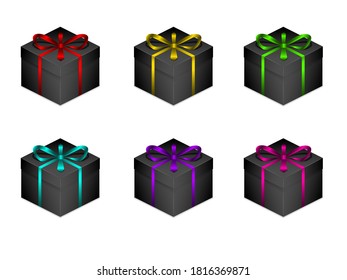 Conjunto de cajas negras con regalos con cintas de color. Ilustración del vector
