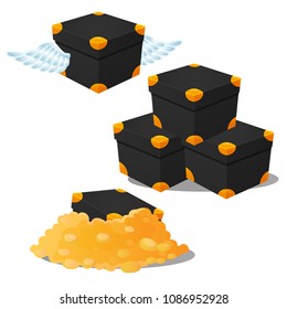 Set of black boxes with lots of gold and wings isolated on white background. Vector cartoon close-up illustration.