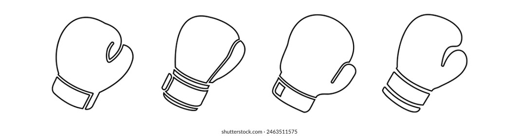 Set of Black boxing gloves in outline. Black and white graphic art of sporting gloves. Icon, logo, sign, pictogram, print. Concept of sports equipment, powerful punch. Isolated on white backdrop