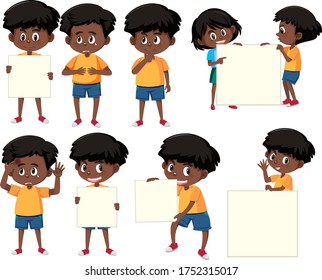 Conjunto de caracteres de chico negro y ilustración de banner en blanco