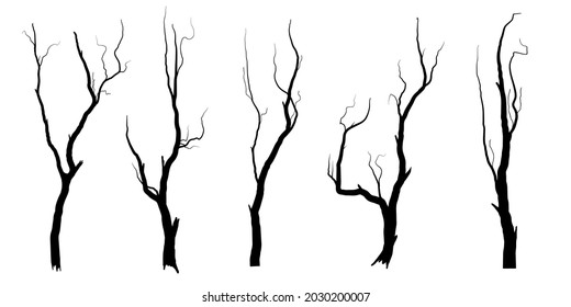 Set Black Branch Tree or Naked trees silhouettes. Hand drawn isolated illustrations.