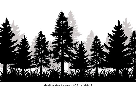 Set Black Branch Tree or Naked trees and grass silhouettes. Hand drawn isolated illustrations.