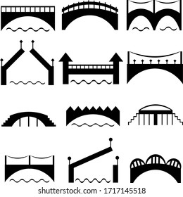 A set of black bridge silhouettes. Modern and retro architecture. Road across the river. Vector icons.