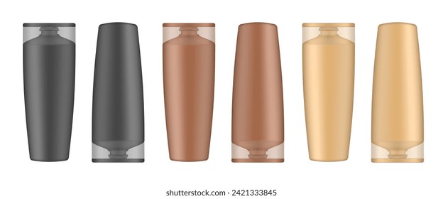 Set of black, brown and beige shampoo and conditioner bottles. Realistic mockup. Korean packaging. Lotion or shower gel. Hair treatment, mask. Cosmetic bottle with transparent cap standing upside down