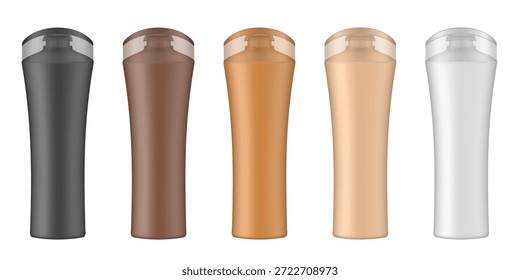 Conjunto de botellas cosméticas negras, marrones, beige y blancas. Maqueta realista. Embalaje coreano. Loción o gel de ducha. Acondicionador o mascarilla para el cabello