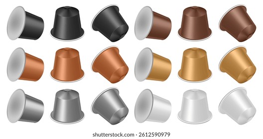 Set of black, brown, gold, silver and white coffee capsules. Realistic packaging mockup.	