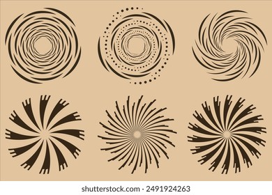 Set of black and brown  thick halftone dotted speed lines. Speed lines in circle form. Geometric art. Design element for frame, logo, tattoo, web pages, prints, posters, template, abstract background.
