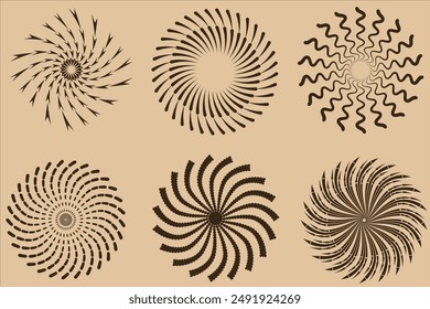 Set of black and brown  thick halftone dotted speed lines. Speed lines in circle form. Geometric art. Design element for frame, logo, tattoo, web pages, prints, posters, template, abstract background.