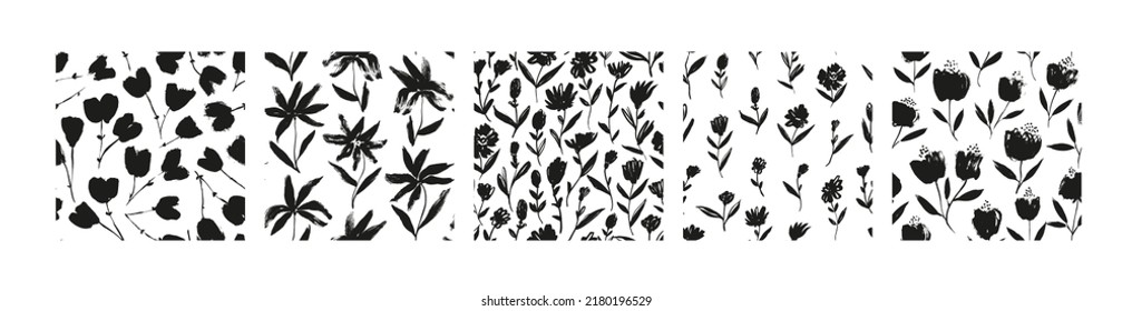 Set of black brush flowers seamless patterns. Simple small flowers ornament. Hand drawn vector botanical motives. Ornaments with chamomiles, daisy, meadow herbs and different others buds and stems. 