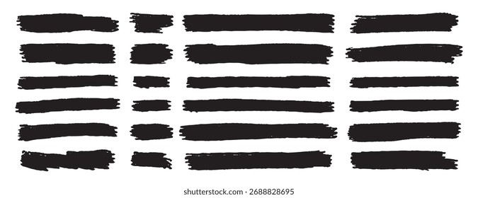 Definir elemento de design de marca-texto de linhas de pincel pretas. pincel de linha horizontal. Ilustração vetorial