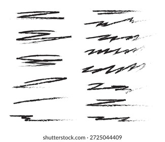 Legen Sie ein Designelement für schwarze Pinselstriche und Textmarker fest. Pinsel mit horizontaler Linie. Vektorgrafik