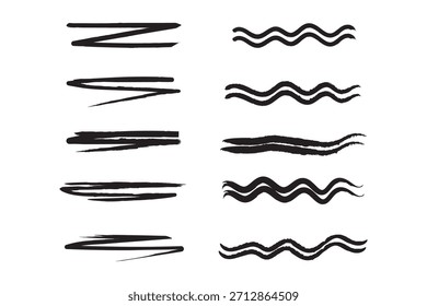 Conjunto de linhas de Pincel Preto. Elementos de design de rabisco e conjunto de bordas de linha desenhadas à mão do marcador. Traçado de pincel de pintura desenhado à mão de linhas. Vetor isolado no branco. Rabisco desenhado à mão. Arte com pincel de tinta preta