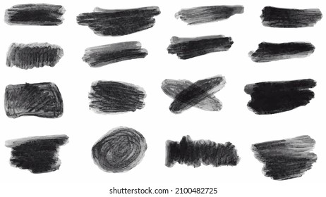 Conjunto de pincel negro, pintura, trazos de pincel de tinta, pinceles, líneas. Elementos de diseño artístico sucio. Ilustración vectorial. Aislado sobre fondo blanco.