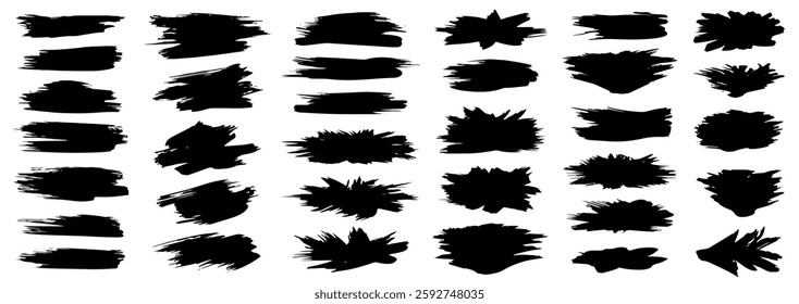 Set of black brush, paint, ink brush strokes, brushes, lines. Dirty artistic design elements. Vector illustration.