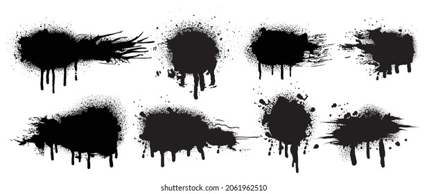 Set of black brush, spray paint, ink brush strokes, brushes. Dirty artistic design elements. Vector illustration. Isolated on white background.