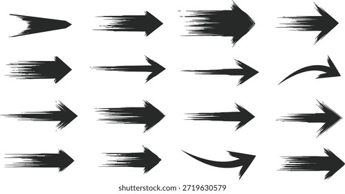 A set of black brush stroke arrows pointing right with varying styles and angles on a plain white background