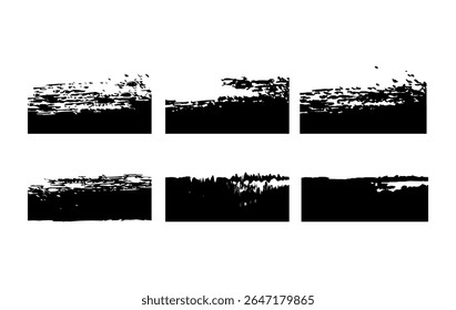 Ein Satz schwarzer Pinselstrichbanner mit rauen, gestressten Texturen. Diese rechteckigen Farbschmutzspritzer und Rahmen vermischen vintage Grunge-Ästhetik mit modernem Design.