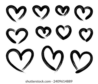 Set of black brush stroke grunge hearts icons isolated on white. Vector illustration