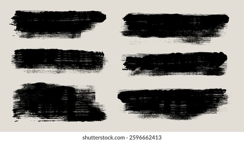Set Of Black Brush Stroke. Hand Drawn Paint Brush Stroke For Ink Paint, Grunge Design Element, Dirt Banner, Watercolor Design, Dirty Texture. Template Brush Stroke, Bold Vector Stripes, Abstract Forms