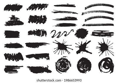Establece el trazo del pincel negro. Pincel, tinta, pinturas. Vector dibujado a mano. Ataques redondos, cuadrados, espirales. Textura de grano vintage. Blogs, líneas, puntos y salpicaduras. Elementos de diseño sucios para afiches y ventas.