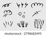 Set of black brush stroke marks on light gray background featuring curved lines, zigzags, spirals, bursts and exclamations for design accents or decorative elements.