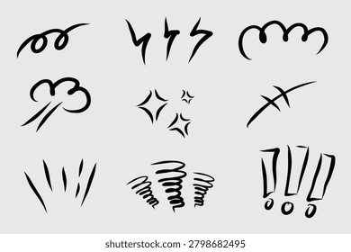Set of black brush stroke marks on light gray background featuring curved lines, zigzags, spirals, bursts and exclamations for design accents or decorative elements.