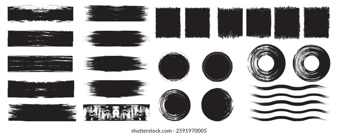  Set of black brush stroke, with Rectangle and circle white ink vector line pack, grunge paint brush stroke. Vector illustration .