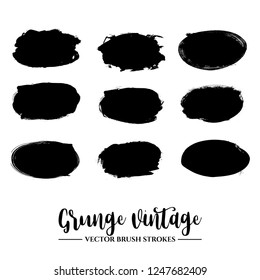 Set of black brush stroke and texture. Grunge vector abstract hand - painted element. Frames and borders.