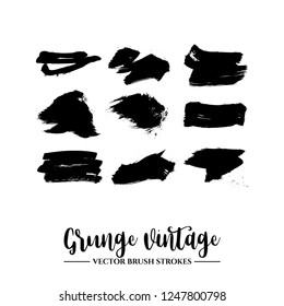 Set of black brush stroke and texture. Grunge vector abstract hand - painted element. Underline and border.