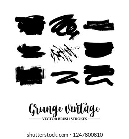 Set of black brush stroke and texture. Grunge vector abstract hand - painted element. Underline and border.