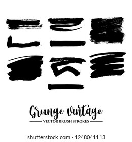 Set of black brush stroke and texture. Grunge vector abstract hand - painted element. Underline and border.