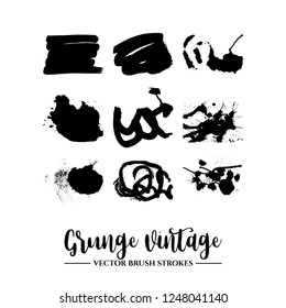 Set of black brush stroke and texture. Grunge vector abstract hand - painted element. Underline and border.