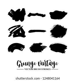 Set of black brush stroke and texture. Grunge vector abstract hand - painted element. Underline and border.